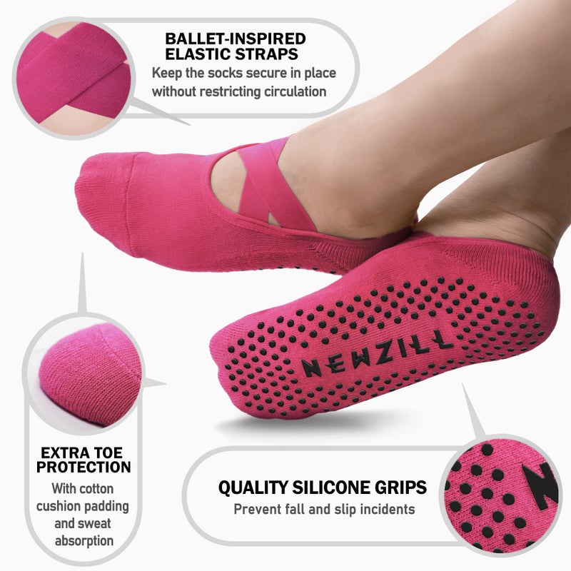 NEWZILL Yoga Socks for Women Non-Slip Grips & Straps, Ideal for Pilates, Pure Barre, Ballet, Dance, Barefoot Workout (3 Pairs-White/Red/Pink) - Image 3
